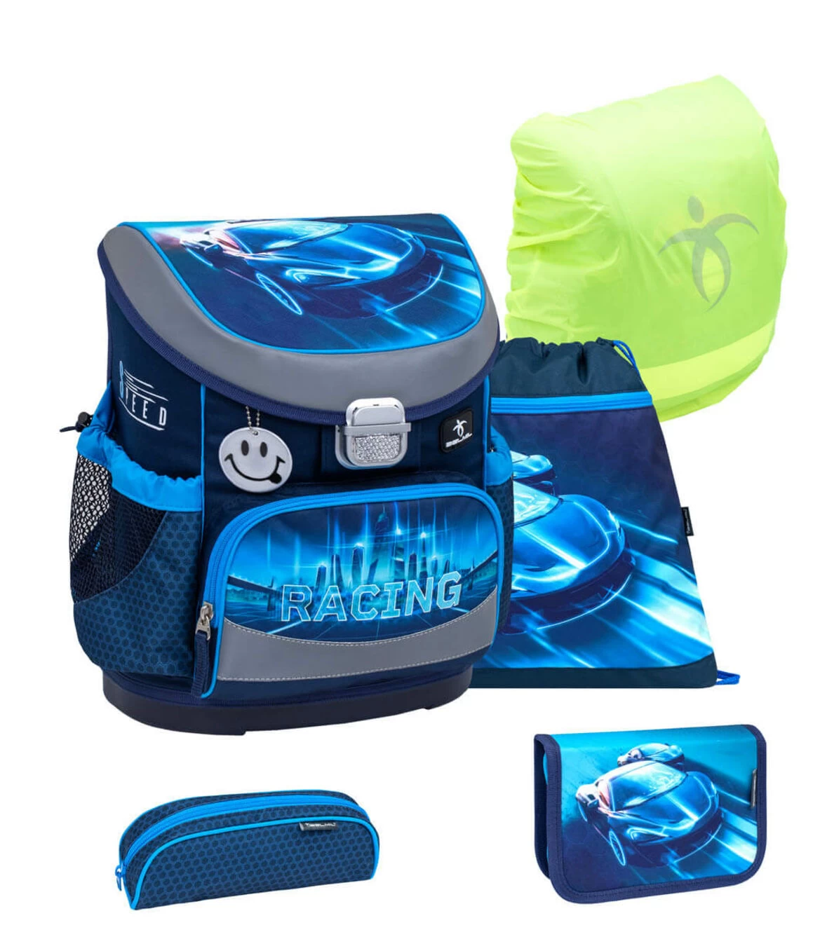 BELMIL Schulranzen Set Mini-Fit Racing Blue Neon Mit Regenschutz