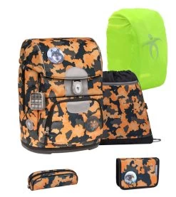 BELMIL Schulranzen Set Motion Orange Camouflage Mit Regenschutz