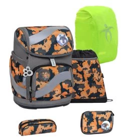 BELMIL Schulranzen Set Smarty Orange Camouflage Mit Regenschutz